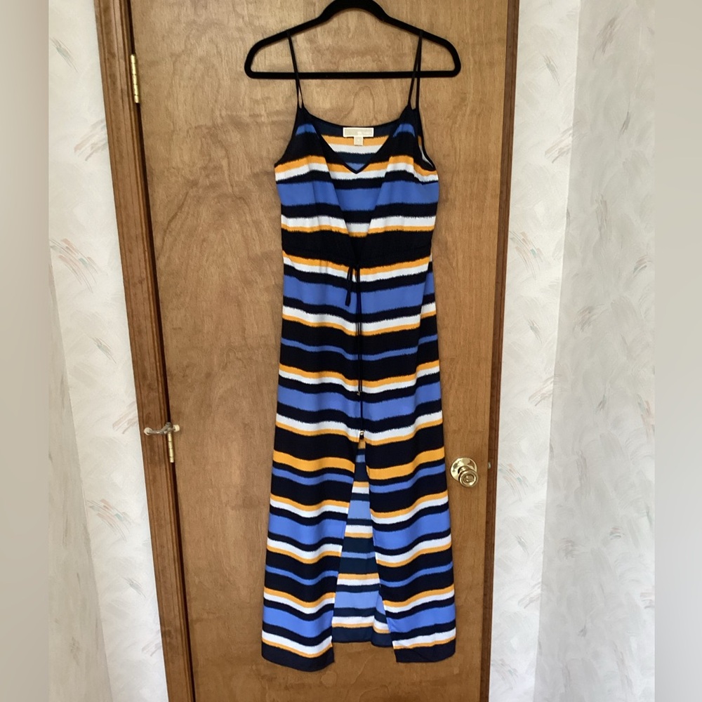 Michael Kors, M,Striped Spaghetti-Strap Maxi Dress in Blue and Gold